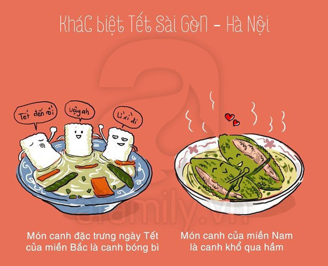 Mâm cỗ ngày Tết của người Hà Nội luôn có món canh bóng làm từ da lợn, còn người Nam phải có món canh khổ qua (mướp đắng) nhồi thịt hầm.