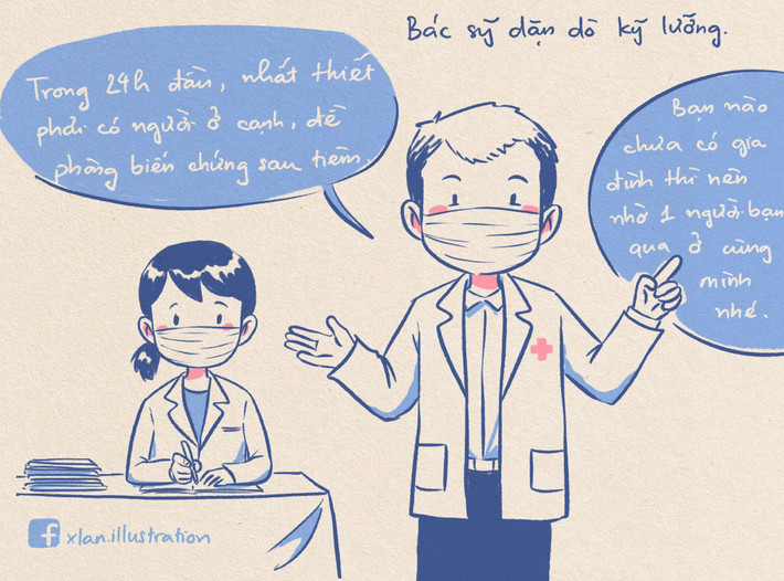 Những lời dặn dò chi tiết của y, bác sĩ với người sau khi tiêm vaccine cũng được thể hiện qua bộ tranh này.