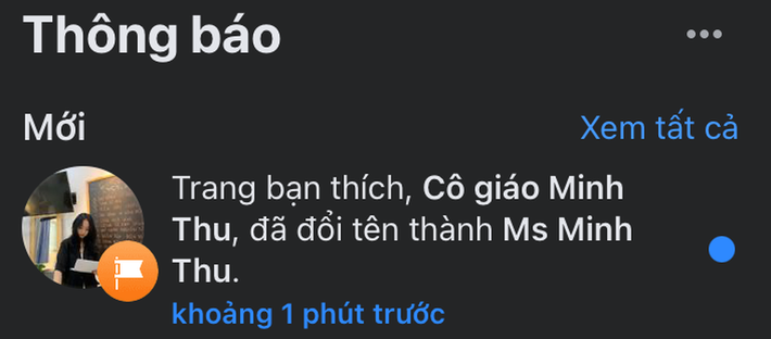 Cụ thể, Minh Thu đã bất ngờ đổi tên fanpage "Cô giáo Minh Thu" với hơn 876 nghìn lượt theo dõi thành "Ms Minh Thu".