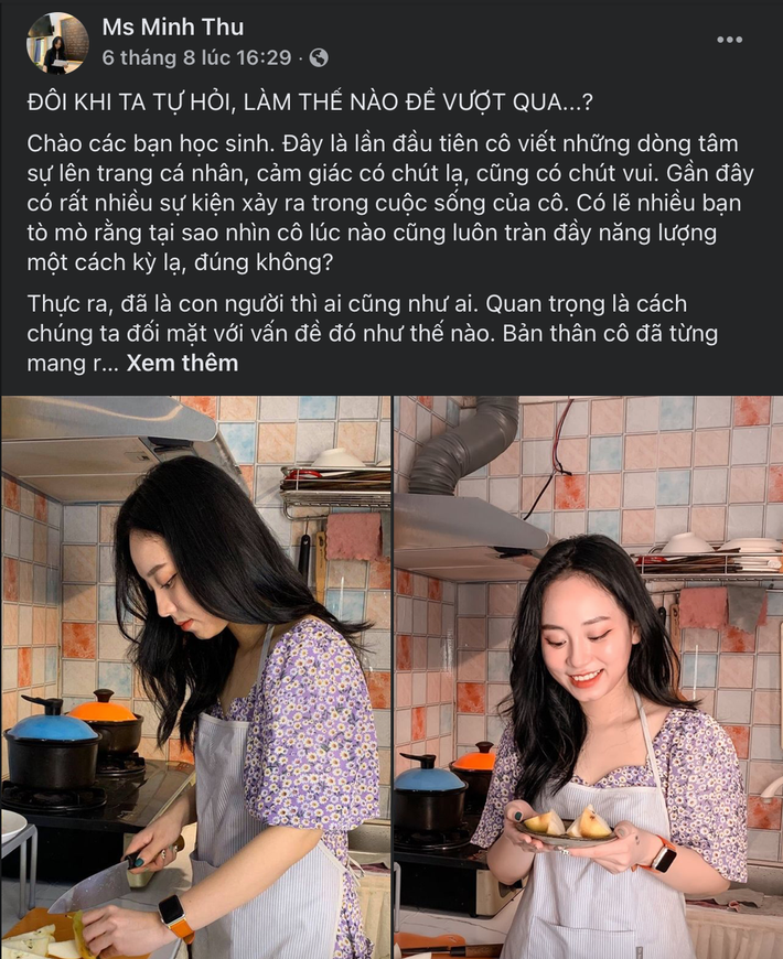 Trước đó, vào ngày 6/8, Minh Thu đã viết 1 râm thư rất dài gửi học sinh, chia sẻ cần phải nhìn cuộc sống bằng cái nhìn tích cực và lý giải tại sao lại viết tên học sinh lên bảng hay trả lời nhiều câu hỏi của fan.