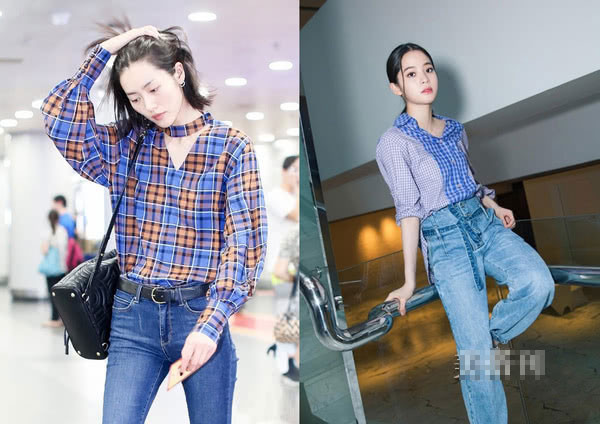 Áo sơ mi kẻ. Áo sơ mi kẻ caro kết hợp cùng quần jean màu xanh nhạt của siêu mãu Trung Quốc Liu Wen (ảnh trái) cũng là một cách mix đồ thông minh đối với các cô nàng có khuôn mặt dài.