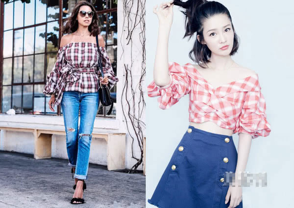 Áo sơ mi trễ vai có họa tiết kẻ caro kết hợp cùng quần jean hoặc chân váy giúp các bạn gái trông dễ thương.