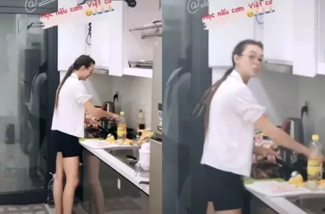 Cô rất chăm chỉ vào bếp chuẩn bị những món ăn cho Bùi Tiến Dũng, khoảnh khắc này cho thấy dù ăn vận trang phục giản dị, tóc tai không chỉn chu nhưng nhan sắc của Dianka Zakhidova khó có thể dìm nổi.