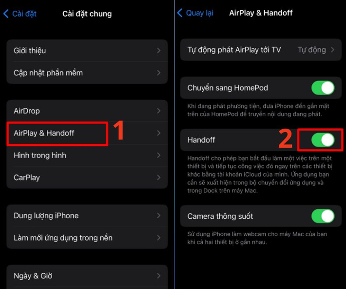 Bật tính năng Handoff trong Cài đặt > Cài đặt chung > Airplay&Handoff. Chọn WiFi trên thiết bị đã kết nối, chia sẻ mật khẩu qua thông báo.