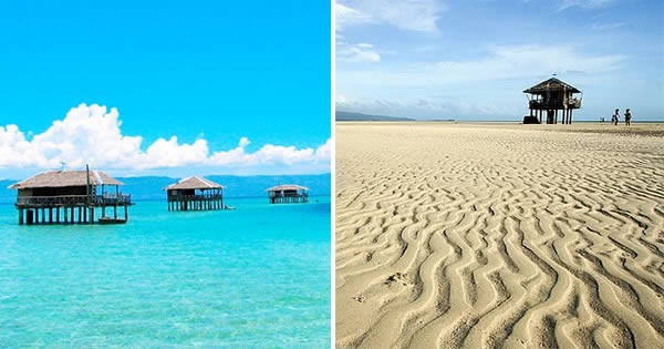 Bãi biển Manjuyod ở Phillippines sẽ bị nhấn chìm hoàn toàn trong nước khi thủy triều lên. Những căn chòi giữa biển nước này luôn tấp nập khách du lịch thuê qua đêm để tận hưởng cảm giác lênh đênh giữa biển nước.