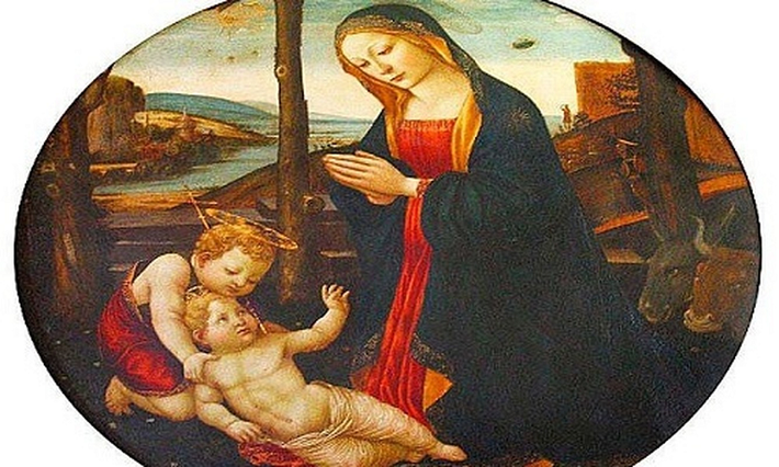 Bức tranh "Đức mẹ, Chúa hài đồng và tiểu thánh John" do nhiều họa sĩ vẽ từ thế kỷ 15. Hiện bức họa được trưng bày tại bảo tàng Palazzo Vecchio ở Florence, Italy. Khi xem tranh, nhiều người nhận thấy phía sau Maria, mẹ của Chúa Jesus, có một vật lạ với hình dáng giống đĩa bay lơ lửng trên bầu trời. Một người đàn ông cùng con chó bên cạnh đang đứng trên mỏm đá và nhìn chằm chằm vào vật lạ phía sau Maria.