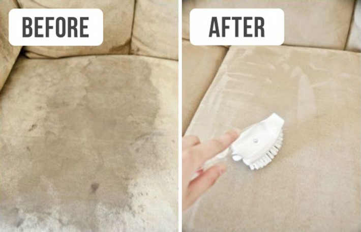 Ghế sofa: Bạn có thể tẩy sạch các vết bẩn trên ghế sofa bằng bàn chải và một ít rượu mạnh. Đừng quên thêm một chút bột nở để khử mùi khó chịu.