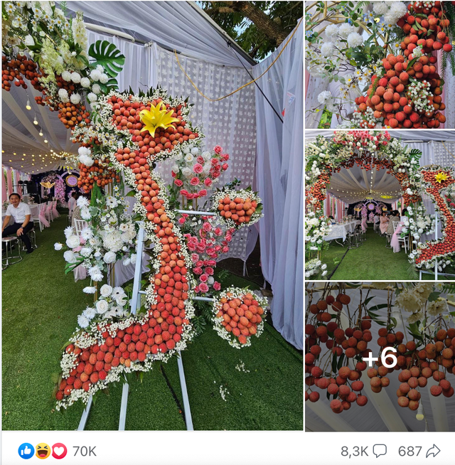 Mới đây, cư dân mạng không khỏi xuýt xoa trước đám cưới được tổ chức ở Lục Ngạn, Bắc Giang sử dụng vải thiều để thiết kế cổng cưới. Ảnh chụp màn hình