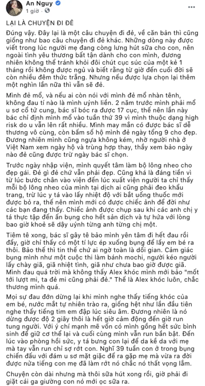 Trên trang cá nhân Facebook, An Nguy cũng chia sẻ bài đăng khá dài kể về quá trình sinh con của mình. Được biết, An Nguy sinh mổ chủ động ở tuần thứ 39 do có nhiều khối u xơ tử cung. Hành trình vượt cạn của cô tuy không quá vất vả song cũng chẳng ít đau đớn.