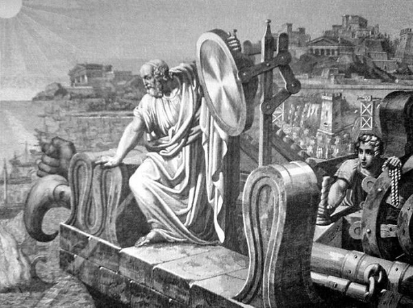 Archimedes còn phát minh ra rất nhiều loại máy móc và vũ khí để bảo vệ quê hương ông, nổi tiếng nhất trong số đó là việc sử dụng các thấu kính hứng năng lượng mặt trời để đốt cháy tàu địch.