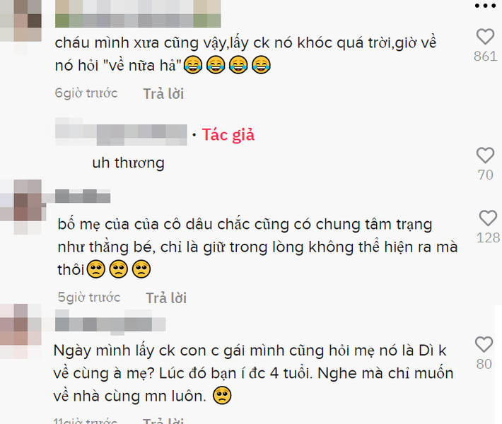Hình ảnh trong ngày cưới này đã khiến người xem xúc động và nhớ đến kỷ niệm mà mình từng trải qua. “Ngày xưa mình cưới, cháu cũng khóc lóc thảm thiết lắm, dỗ mãi không về", "“Con gái lấy chồng xa khổ lắm nên ai chưa có người yêu chưa chồng con gì thì xem đi rồi cân nhắc cho kỹ nhé",...cư dân mạng bình luận.