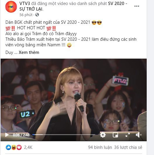 Bên cạnh đó, fanpage VTV3 cũng bất ngờ đăng tải đoạn clip từ danh sách SV 2020-2021 có sự tham gia của Thiều Bảo Trâm. Động thái đầy ẩn ý của VTV khiến dân mạng không khỏi thích thú, không ít người đã vào và dành nhiều lời khen cho màn “cà khịa” này.