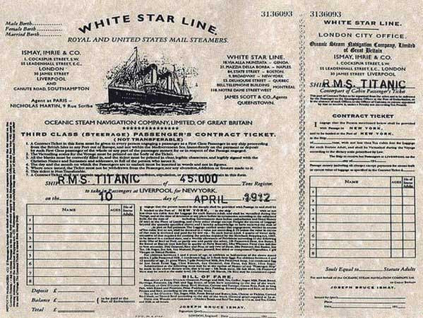Vé lên tàu Titanic năm 1912. Ảnh OLD