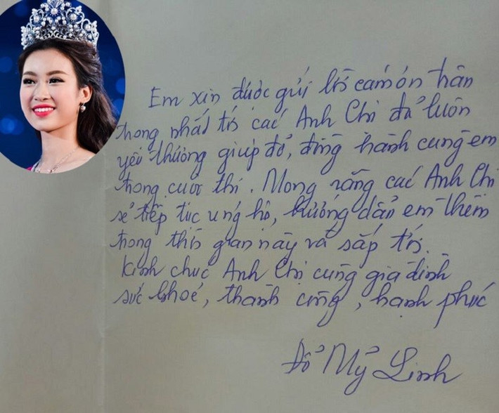 Hoa hậu Đỗ Mỹ Linh cho thấy chữ viết tay gọn gàng và tròn nét