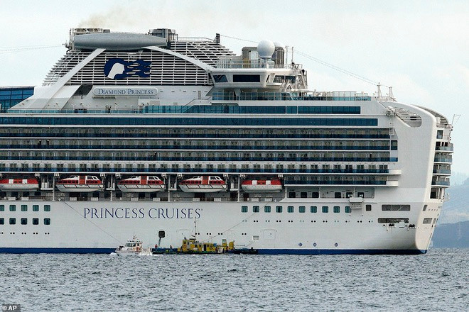 Các kiểm tra sau đó cho thấy có 10 hành khách trên tàu dương tính với virus corona. Du thuyền Diamond Princess neo đậu ở cảng Yokohama hôm 4/2. Chưa rõ đến bao giờ các hành khách mới được rời tàu. Ảnh: AP.