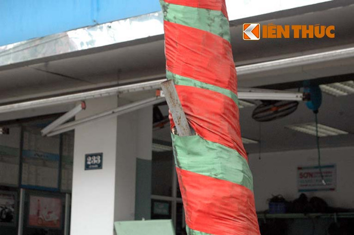 Không chỉ bị đóng cọc, cái cây này còn bị băng bó toàn thân, trông thật xấu xí.
