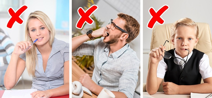 Từ bỏ thói quen nhai hay ngậm những thứ không phải là đồ ăn. Đó là thói quen mà chúng ta hay mắc từ lúc còn nhỏ, nhưng điều này lại không hề tốt cho hàm răng và còn có thể là nguyên nhân của tật nghiến răng. Thay vào đó, bạn có thể nhai kẹo cao su, kẹo bạc hà hay thưởng thức bữa ăn nhẹ lành mạnh.
