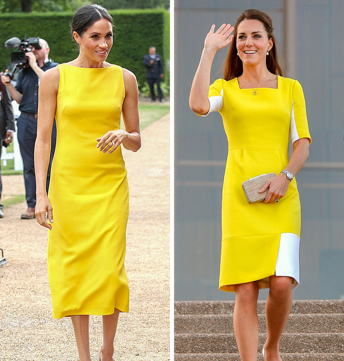 Đầm ngắn dáng ôm cơ bản màu vàng. Công nương Meghan Markle diện đầm màu vàng nổi bật tại sự kiện Commonwealth Youth Challenge. Nhiều ngày sau đó, Công nương Kate Middleton cũng xuất hiện với mẫu váy tương tự tại chung kết giải Wimbledon. Hình ảnh hai công nương Anh mặc mẫu váy vàng này xuất hiện trên rất nhiều tờ báo. Mẫu đầm ngắn dáng ôm cơ bản này là lựa chọn phù hợp trong nhiều sự kiện của Hoàng gia Anh.