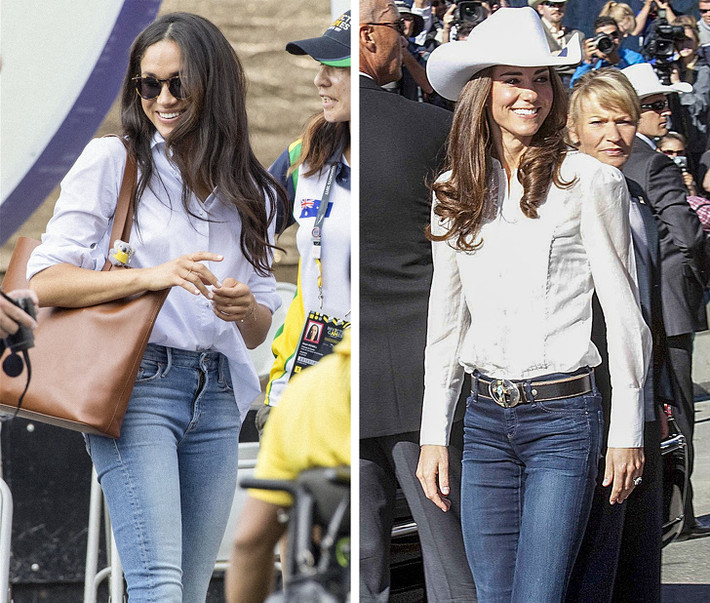 Một set đồ tiện dụng đó là quần Jean và áo sơ mi trắng. Công nương Kate và Công nương Meghan đều trông năng động, khỏe khoắn khi diện mẫu đồ trên.