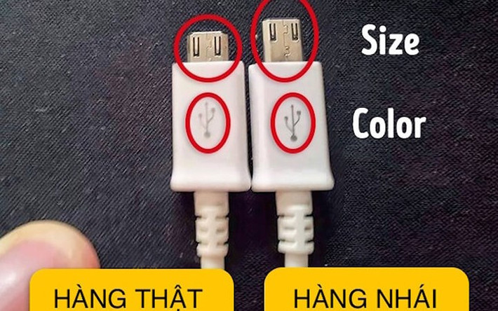 Cáp kết nối hoàn thiện kém: Chất lượng của cáp kết nối là một trong những dấu hiệu để bạn phân biệt hàng thật và nhái. Phụ kiện của sản phẩm xịn sẽ luôn cứng cáp, bền chắc và chất lượng hoàn thiện đồng đều. Còn với đồ nhái bạn sẽ thấy các khoảng thừa, màu sắc không thống nhất, hình in bị nhòe... (Ảnh: VnExpress)