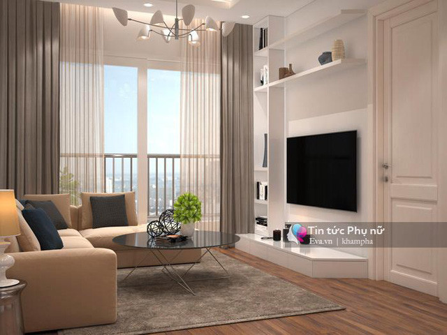 Mẫu thiết kế chung cư 1 có phòng khách liền với ban công với view toàn cảnh rất đẹp. Nhờ đón được ánh sáng tự nhiên, phòng khách sẽ luôn sáng, thoáng mà không cần bật đèn liên tục.