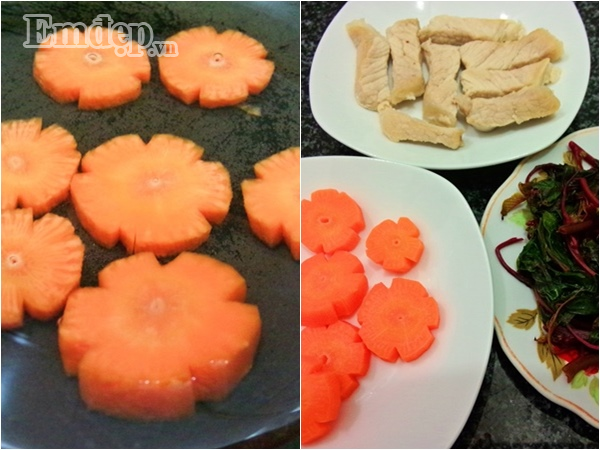 Bước 2: Luộc chín thịt heo, cà rốt, rau rền. Sau đó thái thịt thành từng miếng vừa ăn.
