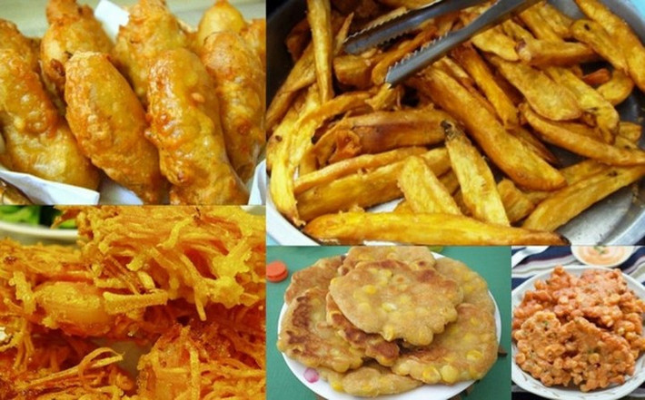 Các món bánh rán. Những chiếc bánh khoai, bánh chuối, bánh ngô giòn tan và nóng hổi là một trong những điều khiến ta thêm yêu mùa đông Hà Nội.Bánh ngô ăn lạ miệng và rất thơm. Những hạt ngô sau khi tách ra sẽ được xếp với một lớp bột, tiếp đó chiên trên chảo nhiều dầu. Bánh chuối lại đem đến vị ngon ngọt, có thể làm chiều lòng bất cứ thực khách khó tính nào.