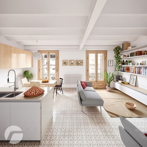 Các viên gạch lát sàn được giữ lại từ thiết kế ban đầu kết hợp cùng những đường gạch sọc hoa văn để đạt được hiệu quả thị giác vượt trội.