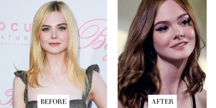 Elle Fanning có thể coi là cô gái đầu tiên quyết định nhuộm mái tóc vàng như búp bê Barbie thành màu socola tối. Đáng tiếc, mái tóc màu nâu socola lại không thể làm nổi bật làn da trắng hồng của cô.