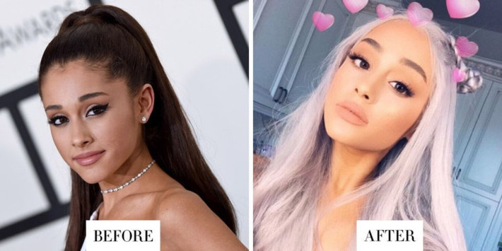 Ariana Grande đã từng tự tin khoe mái tóc mà cô cho là màu xám (mặc dù nó giống màu hồng hơn) trên trang cá nhân Instagram. So sánh với diện mạo trước đó, có thể dễ dàng thấy đây là sự lựa chọn "điên rồ" của mỹ nhân Hollywood này.