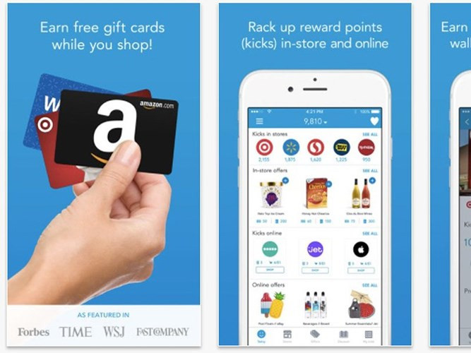 4. Shopkick. Shopkick là ứng dụng mua sắm có thưởng với các thẻ quà tặng miễn phí cho việc mua sắm bạn đã thực hiện. Hàng triệu người dùng Shopkick đã kiếm được hơn 63,8 triệu USD tương ứng với các thẻ quà tặng miễn phí cho Walmart, Target, Amazon, Starbucks và nhiều hơn nữa. Mở ứng dụng Shopkick khi bạn đi ra ngoài và mua sắm thông thường; tiếp đó ứng dụng sẽ mang đến cho bạn những yêu cầu để hoàn thành như đi bộ vào các cửa hàng gần đó hoặc quét một số sản phẩm nhất định vào ứng dụng... và từ đó bạn có thể nhận được thẻ quà tặng. Bạn thậm chí có thể kiếm thêm phần thưởng nếu bạn mua sản phẩm và gửi hóa đơn lên ứng dụng.