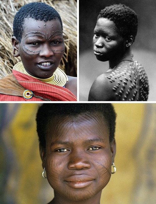 1. Sẹo lồi - Tây Phi, New Guinea Người dân New Guinea và nhiều quốc gia khác ở châu Phi vẫn trang trí cơ thể họ bằng những vết sẹo lồi tạo thành hoa văn. Nam giới được tạo sẹo trong buổi lễ trưởng thành, trong khi đó phụ nữ có sẹo được coi là biểu tượng sắc đẹp.