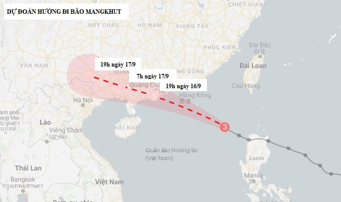 Dự kiến, bão Mangkhut sẽ đổ bộ vào tỉnh Quảng Đông, Trung Quốc, trong ngày 16/9. Bão Mangkhut sau đó sẽ suy yếu thành một vùng áp thấp nhiệt đới và tan trên địa phận tỉnh Quảng Tây. Nguồn: CNN.