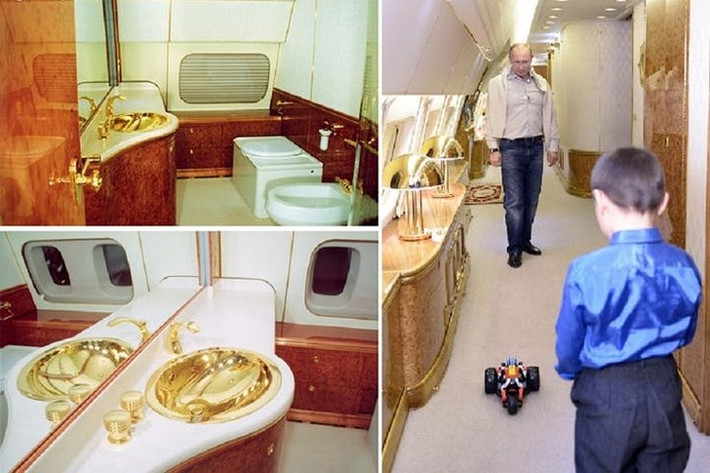 Chuyên cơ của Tổng thống Nga Putin được trang bị toilet có dát vàng bên trong. Đây là một yếu tố khiến phương Tây cho rằng có thể Putin rất giàu.