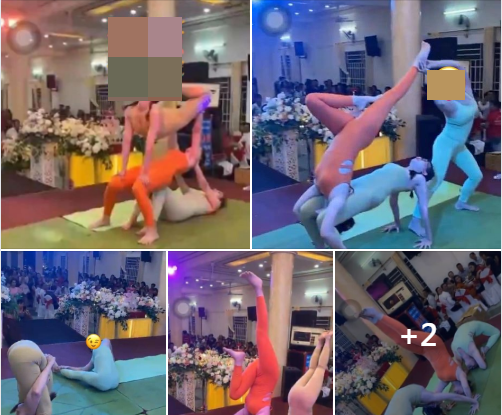 Mới đây, những hình ảnh về 3 cô gái mặc đồ bó sát, trình diễn yoga trên sân khấu để chúc mừng hạnh phúc cô dâu, chú rể gây ra tranh cãi trên MXH.