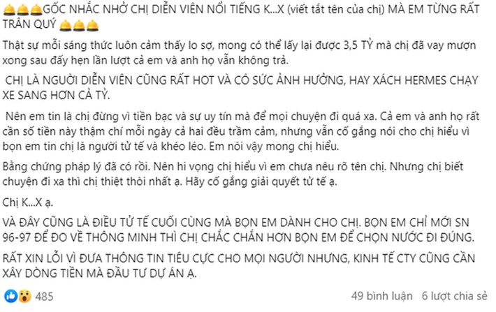 Theo bài đăng của người tố, Kiều Trinh Xíu nợ 3,5 tỷ đồng, hẹn hết lần này đến lần khác nhưng không trả. Người này còn bức xúc cho biết sao nữ sinh năm 1994 thường xuyên diện túi Hermes và chạy xe sang tiền tỷ.