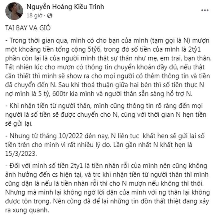 Trước sự việc, "hot girl vườn đào" đã lên tiếng trên trang cá nhân. Cô kể đã mang 5,6 tỷ đồng cho một người bạn tên N. mượn, trong đó có 2,1 tỷ của cô và còn lại của người thân như mẹ, em trai và bạn thân.
