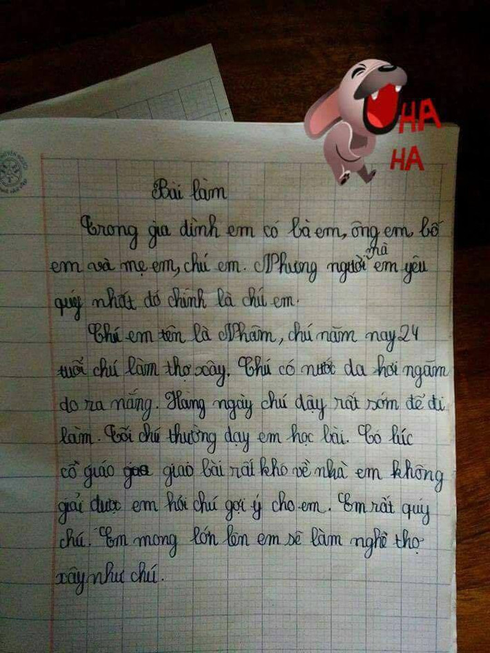 Một trong những bài văn cực đáng yêu của các bé cấp 1 với lời văn rất thật thà và tả rất... "thực". Ảnh: Fb/f17.