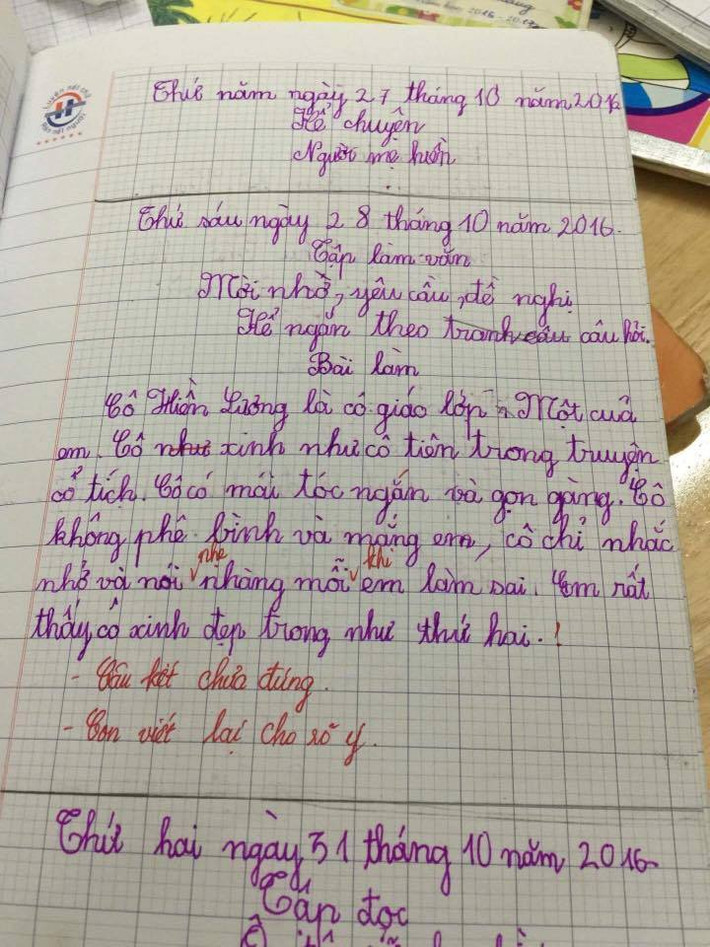 Vừa viết văn tả cô giáo vừa "nịnh" cô. Ảnh: Fb/f17.