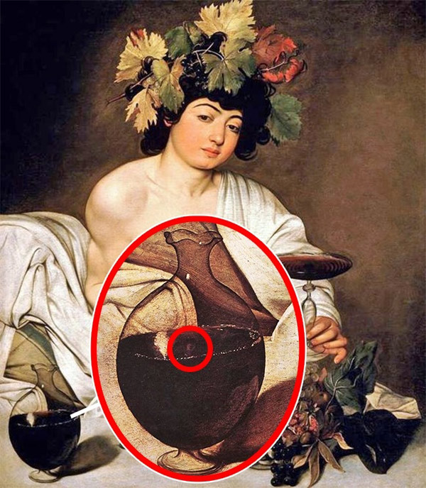 Một nhóm chuyên gia đã phát hiện ra bí ẩn thú vị trong bức họa Bacchus nổi tiếng của danh họa Caravaggio. Ẩn trong bình rượu là chân dung tự họa của Caravaggio được ông vẽ rất nhỏ.