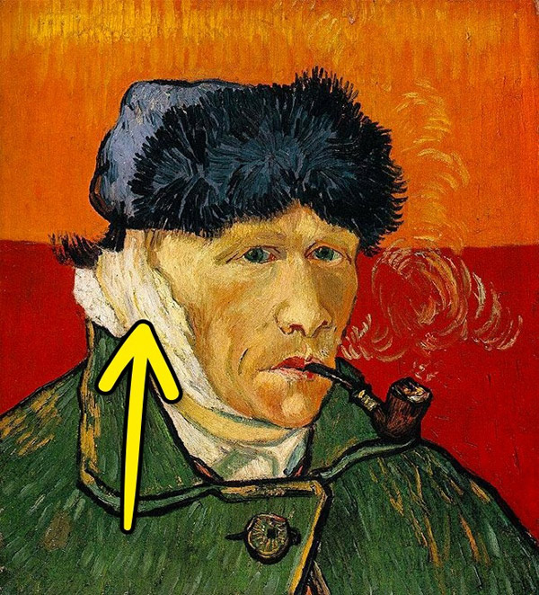 Bức chân dung tự họa của họa sĩ Van Gogh mô tả người nghệ sĩ bị thương ở phần tai bên phải, nhưng trong thực tế, phần tai trái của ông mới là bên bị cắt bỏ.Van Gogh thường quan sát bản thân qua một tấm gương. Vì vậy, thực tế phần mặt bên phải trong tranh lại là phần mặt bên trái của ông và ngược lại.