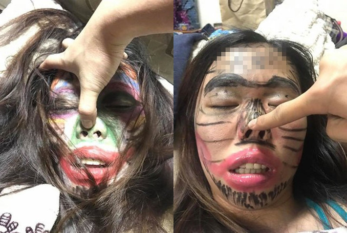 Cười ngất vợ say rượu bị chồng vẽ chằng chịt lên mặt.