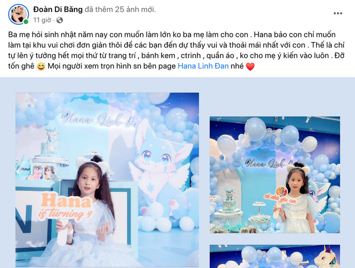 Nhân dịp sinh nhật con gái đầu - bé Linh Đan (hay còn gọi là Hana, sinh năm 2012), mới đây, "nữ đại gia quận 7" Đoàn Di Băng có những chia sẻ chú ý trên Facebook.