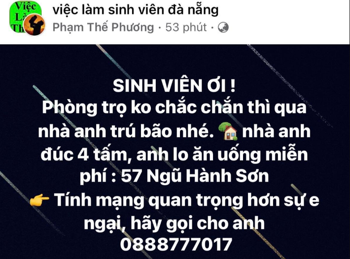 Trước khi bão Noru đổ bộ, anh Phạm Thế Phương - một người dân Đà Nẵng đã đăng tải thông tin kêu gọi mọi người đến nhà mình tránh bão. Hành động của anh Phương đã nhận được sự ủng hộ nhiệt tình của cư dân mạng.