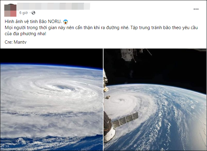 Thực chất những hình ảnh này là về siêu bão Noru năm 2017 và Trami, tuy nhiên khi một số trang Facebook chia sẻ, việc không chú thích thời gian khiến nhiều người nhầm tưởng đó là bão Noru đang xuất hiện trên Biển Đông. Ảnh: Chụp màn hình