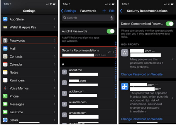 Để cài đặt tính năng này, bạn vào mục Settings > Passwords. Bật chế độ Security Recommendations. Sau đó chọn Detect Compromised Passwords để xem danh sách mật khẩu được khuyến nghị thay đổi.