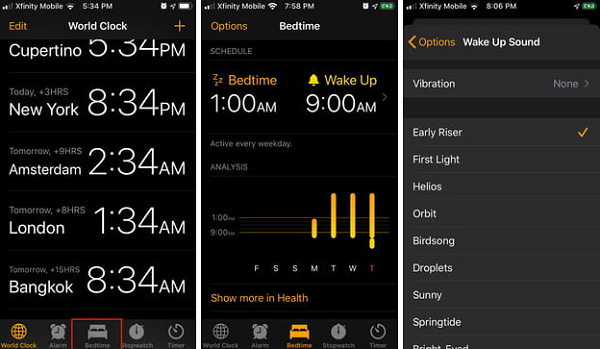 Với iOS 13, các tuỳ chọn tiện ích ngủ nằm trong ứng dụng Clock. Để cài đặt giờ ngủ, mở ứng dụng Clock và chọn Bedtime trên màn hình. Chọn Get Started, trả lời 3 câu hỏi về ngày giờ sau đó chọn Save. Chọn giờ thức dậy, chọn ngày mà bạn muốn đồng hồ báo chuông, số giờ mà bạn muốn ngủ, giờ nhắc đi ngủ và chuông báo. Chọn Bedtime sau đó cuộn xuống phần phân tích giấc ngủ Sleep Analysis, để xem lịch sử giấc ngủ gần đây. Dữ liệu giấc ngủ tự động lưu trong ứng dụng Health trong mục Health Categories > Sleep > Sleep Analysis.