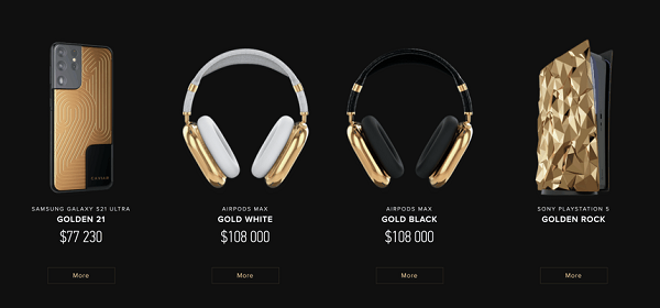 Ngoài AirPods Max phiên bản giới hạn, Caviar cũng giới thiệu một số sản phẩm như Samsung Galaxy S21 Ultra phiên bản Golden 21 có giá 77.230 USD, Sony PlayStaton 5 được mạ vàng.