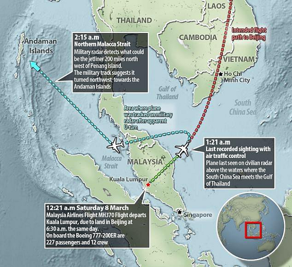 Biểu đồ vẽ lại hành trình của chiếc MH370 khi bay từ Kuala Lumpur tới Bắc Kinh. Máy bay đã mất liên lạc 1 phút trước khi vào Vùng thông báo bay Hồ Chí Minh, thuộc không phận Việt Nam