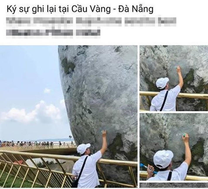 Trước đó, hình ảnh một người đàn ông khi tham quan tại Cầu Vàng đã vô ý thức dùng bút xóa màu trắng vẽ dòng chữ “DT11678” lên bàn tay khổng lồ từng khiến dân mạng bức xúc.